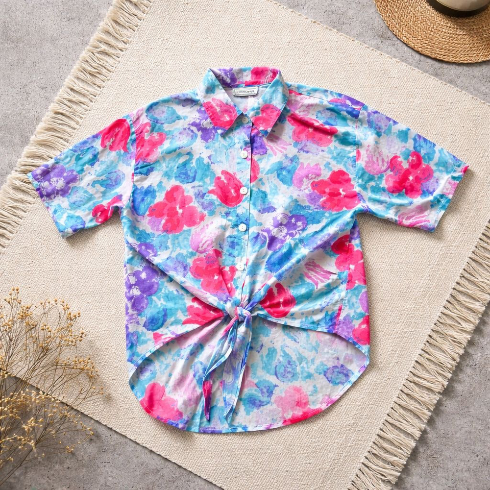 Vintage 90s Impressions of California Button Down Shirt S Blue Pink Floral